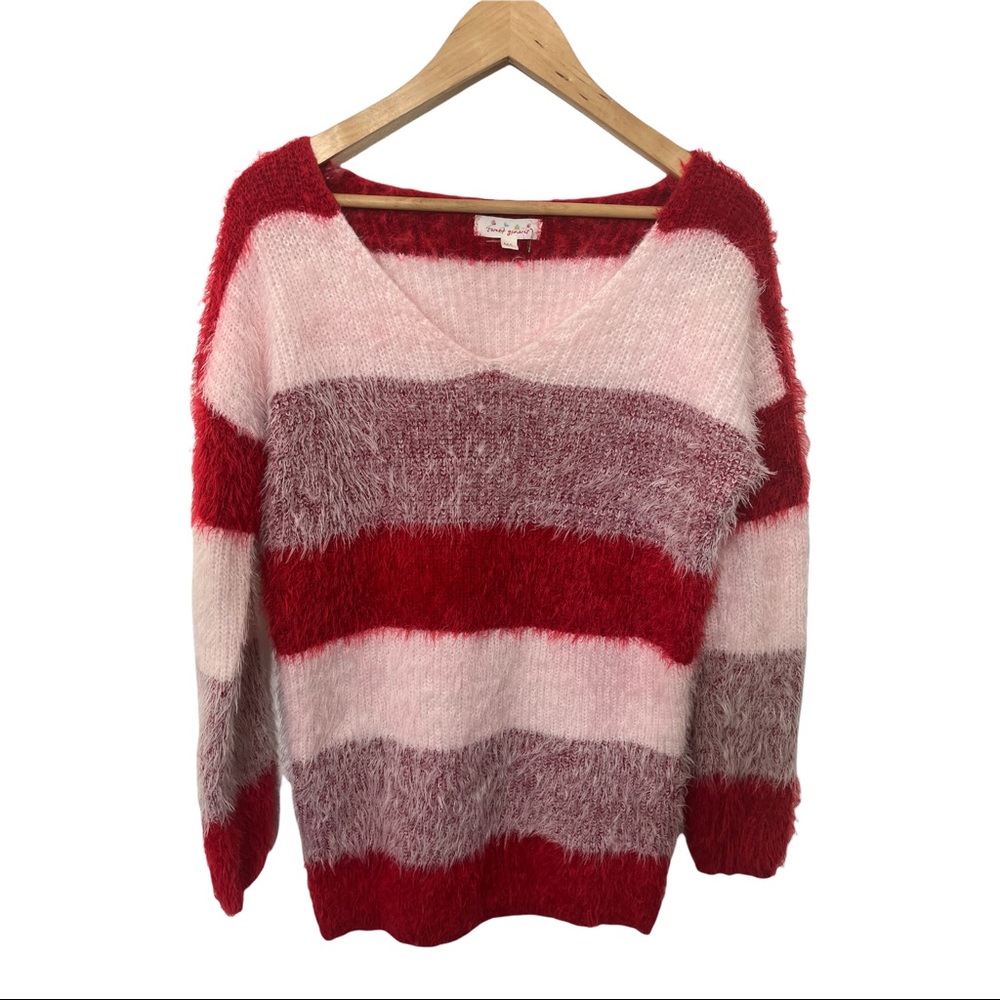 SWEET GENERIS ULTRA FUZZY V-NECK RED PINK WHITE STRIPED VALENTINE SWEATER